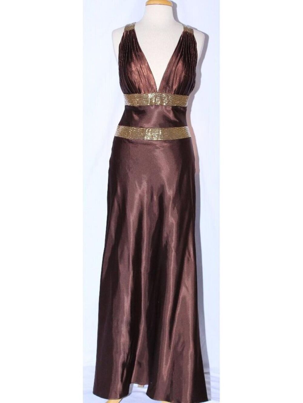 NWOT MayQueen #456 Long Satin Beaded Prom or Evening Gown-Sizes 10- BROWN